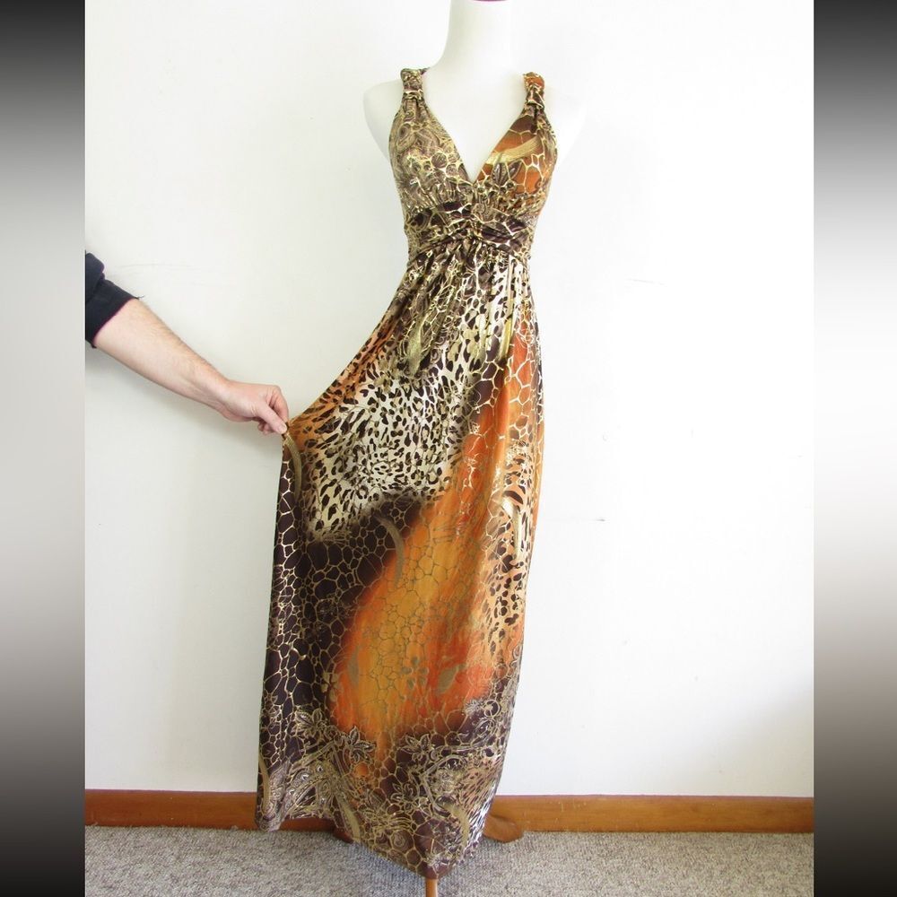 Small Hawaiian Clothing Brown Black Animal Print Full Length Sleeveless Dress - Picture 3 of 8
